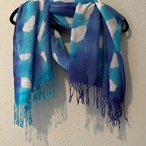 Vibrant Blue and White Patterned Shawl with fringe. Shawl, scarf or cover-up
OS